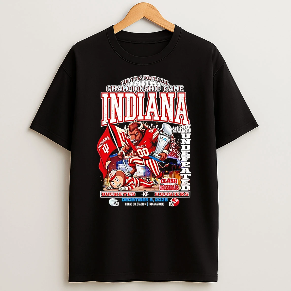 Indiana Hoosiers 2025 Big Ten Football Champions Undefeated Beat Buckeyes Mascot Shirts