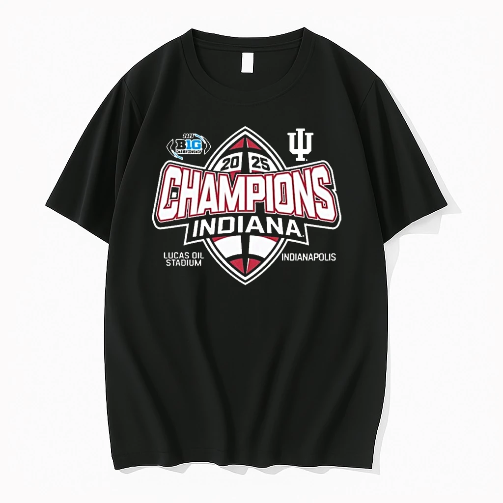 Indiana Hoosiers Mens 2025 Big Ten Football Champions Lucas Oil Stadium Indianapolis Logos Shirts