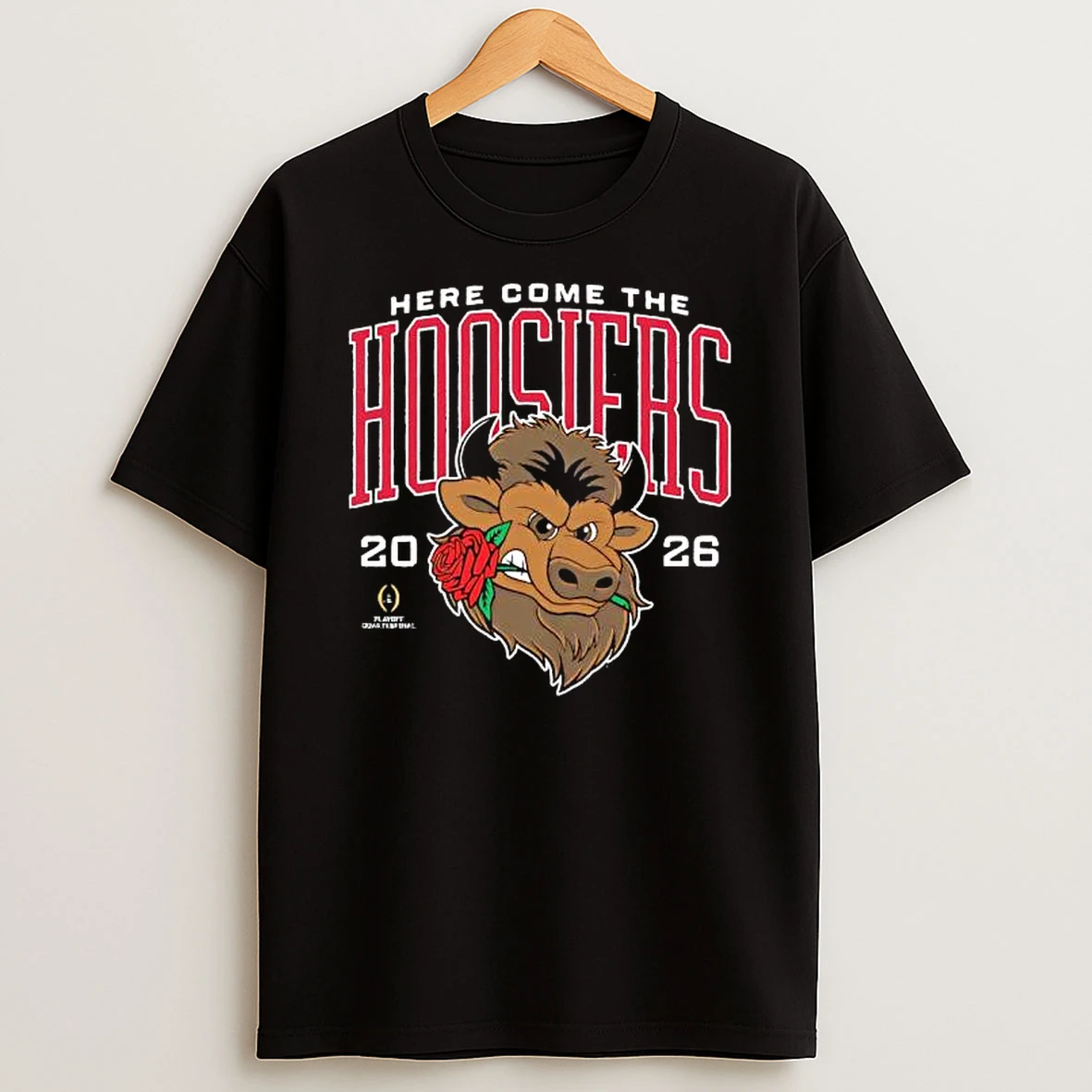 Indiana Hoosiers Here Come The Hoosiers Rose Bowl Game 2026 Mascot Holding Rose Shirts