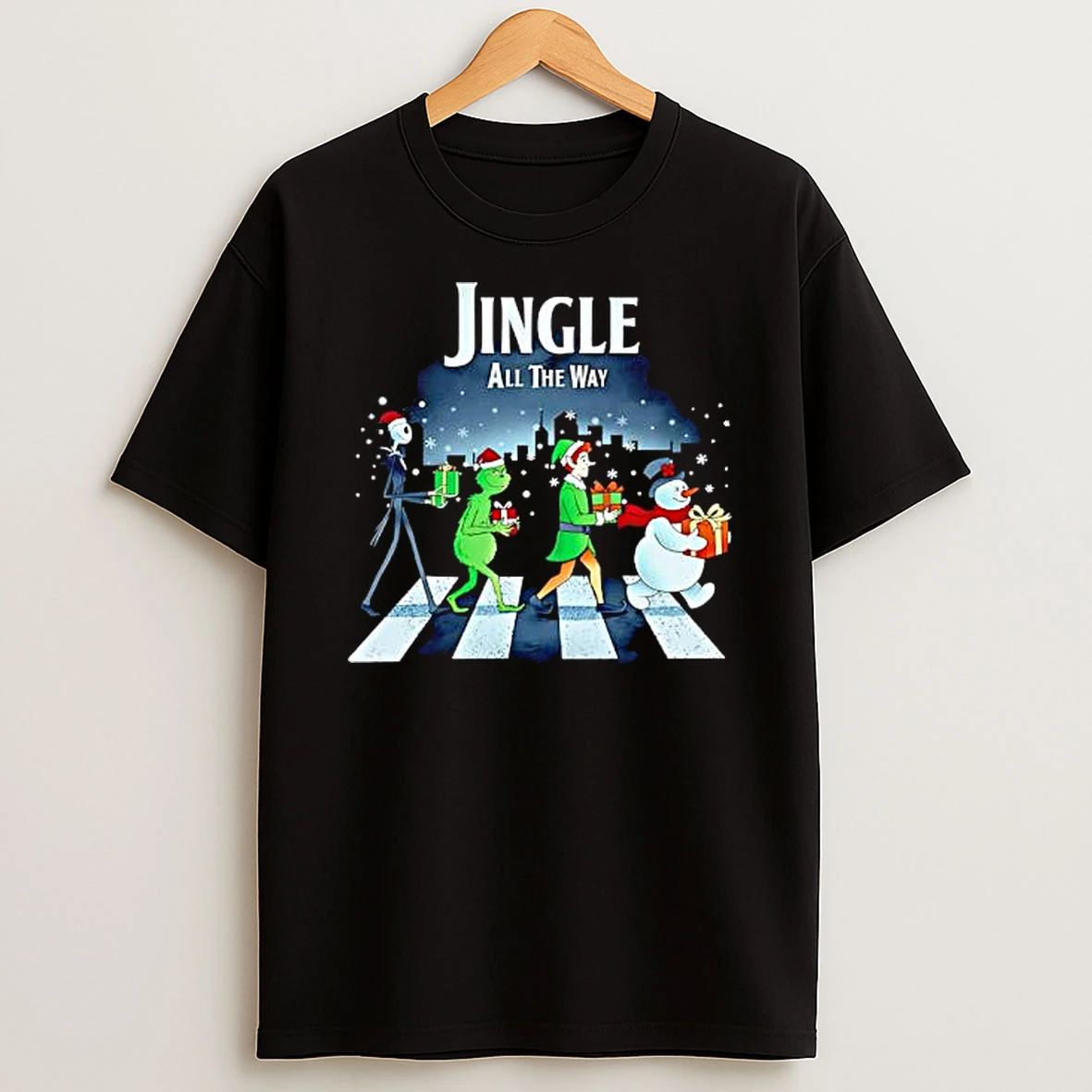 Jack Skellington And Grinch And Buddy The Elf And Snowman Jingle All The Way Shirts