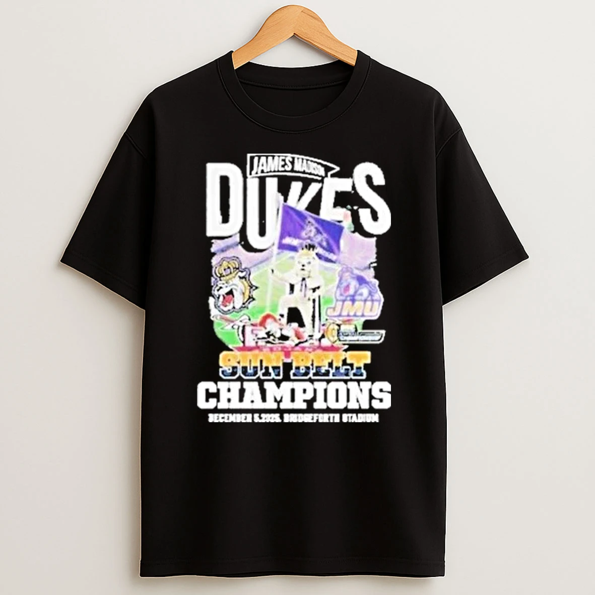 James Madison Dukes Stomp Troy Trojans Sun Belt Champions 2025 Bridgeforth Stadium Mascot Shirts