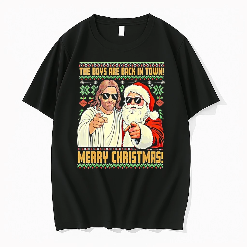 Jesus And Santa Wearing Sunglass The Boys Are Back In Town Merry Christmas Ugly Shirts