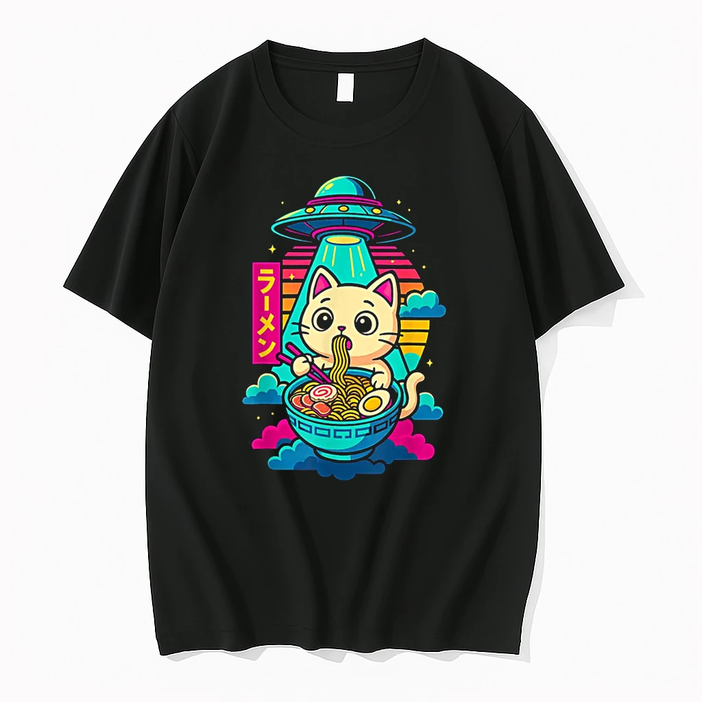 Kawaii Cat Alien Ufo Ramen Graphic Japanese Anime Shirts