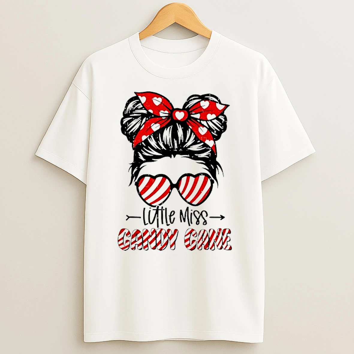 Little Miss Candy Cane Messy Bun Girl Christmas Holiday Shirts