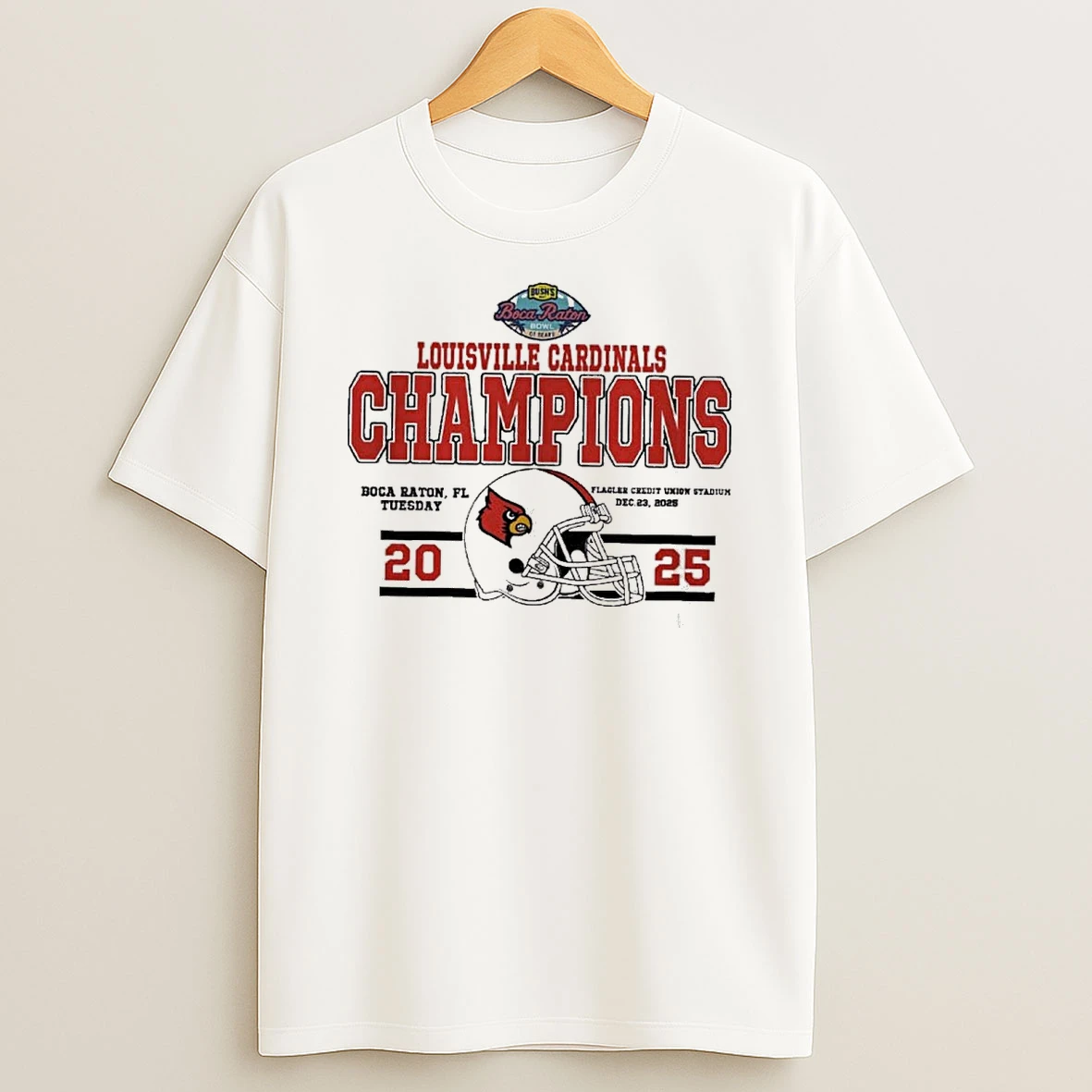 Louisville Cardinals Football 2025 Bushs Boca Raton Bowl Of Beans December 23 Flagler Credit Union Stadium Shirts