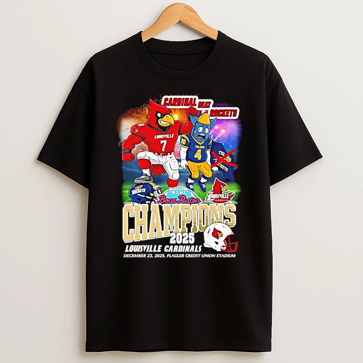 Louisville Cardinals Beat Rockets 2025 Boca Raton Bowl Champions Mascot Shirts