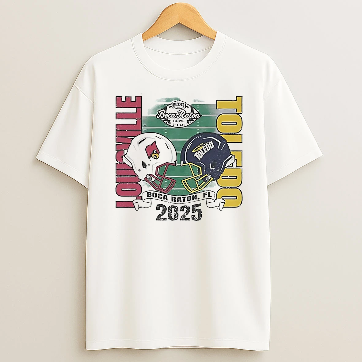 Louisville Cardinals Vs Toledo Rockets 2025 Boca Raton Matchup Helmet Shirts