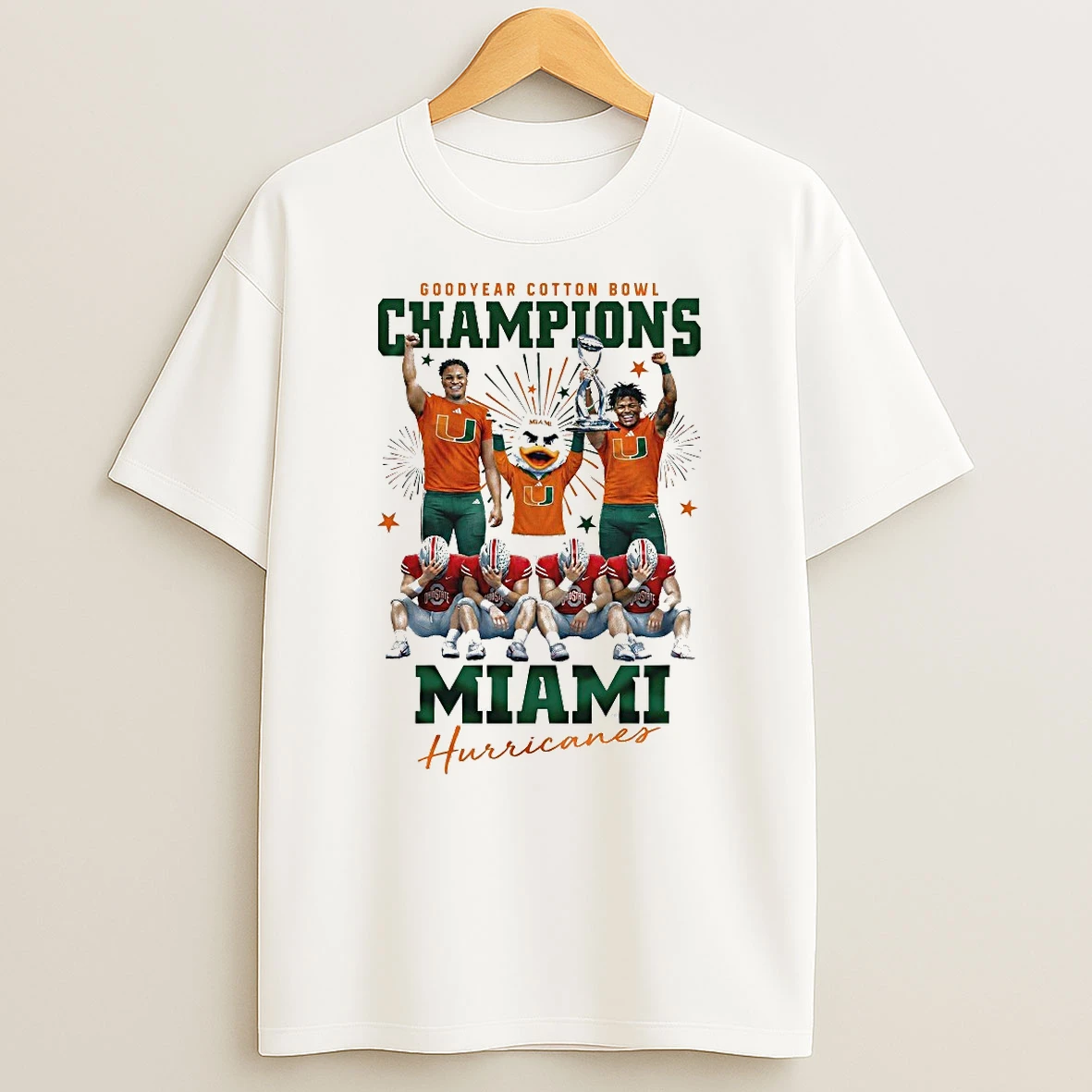 Miami Hurricanes Ncaa Goodyear Cotton Bowl Champions 2025 Mascot And Players Shirts
