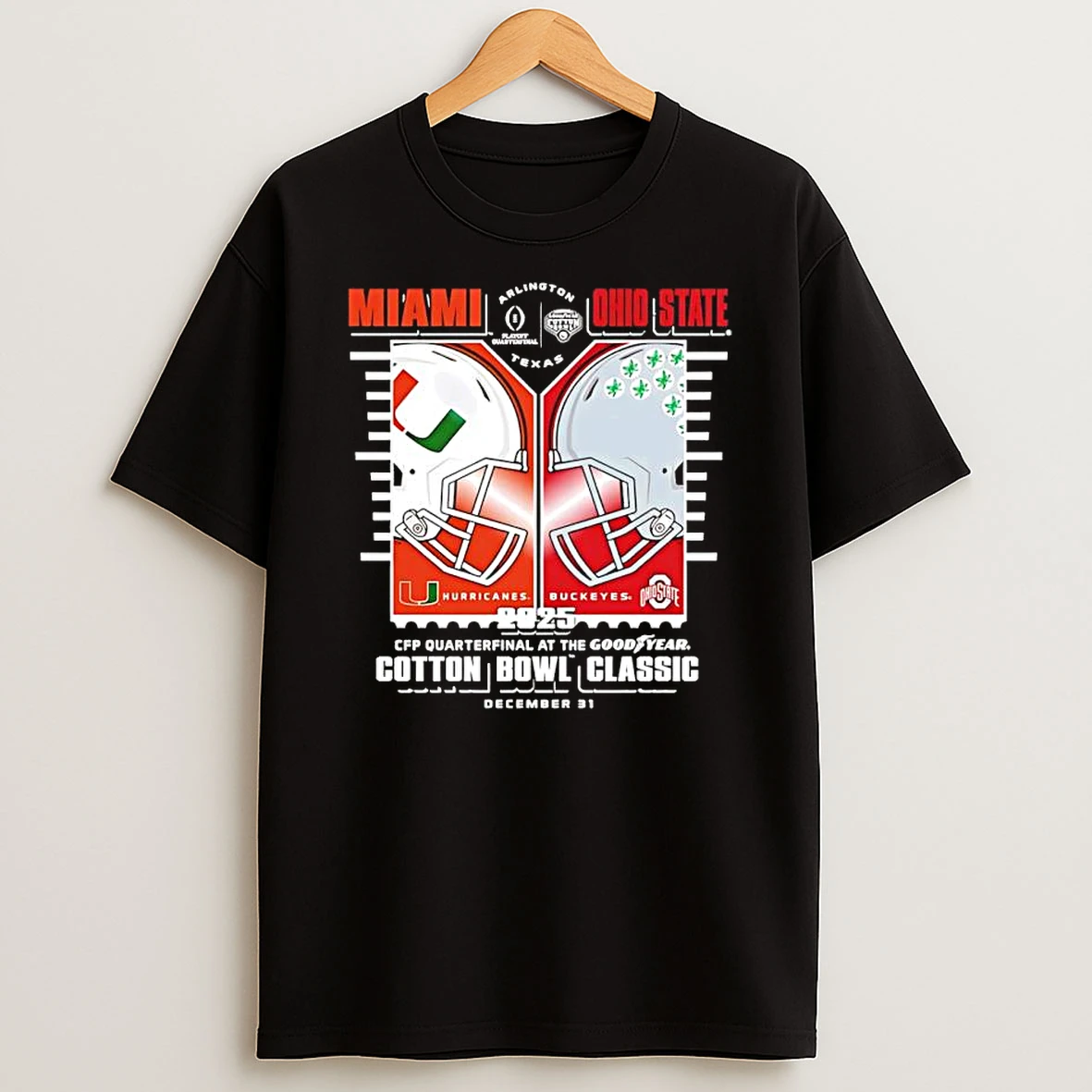 Miami Hurricanes Vs Ohio State Buckeyes 2025 Cotton Bowl Helmet Matchup Shirts