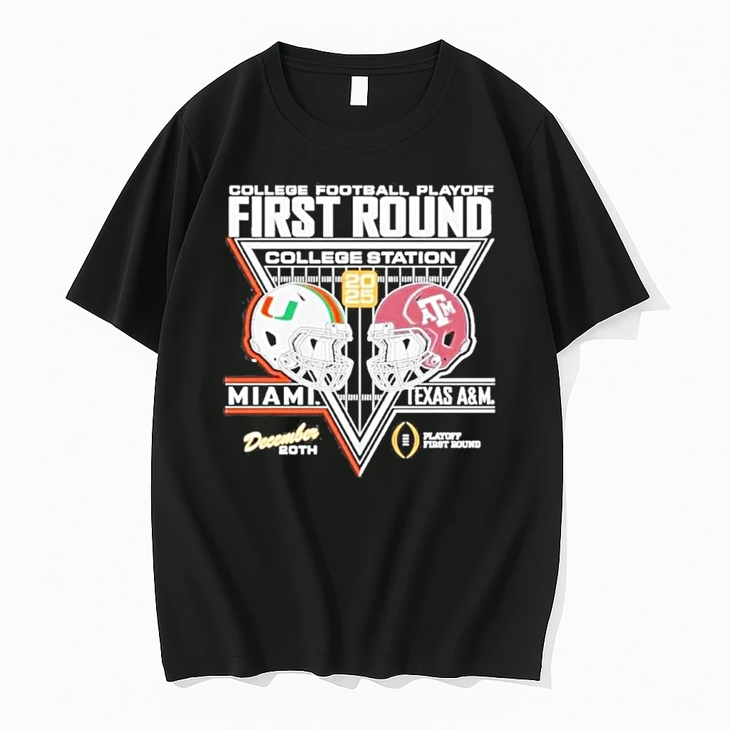 Miami Hurricanes Vs Texas Am Aggies 2025 26 Cfp First Round Helmet College Station Shirts
