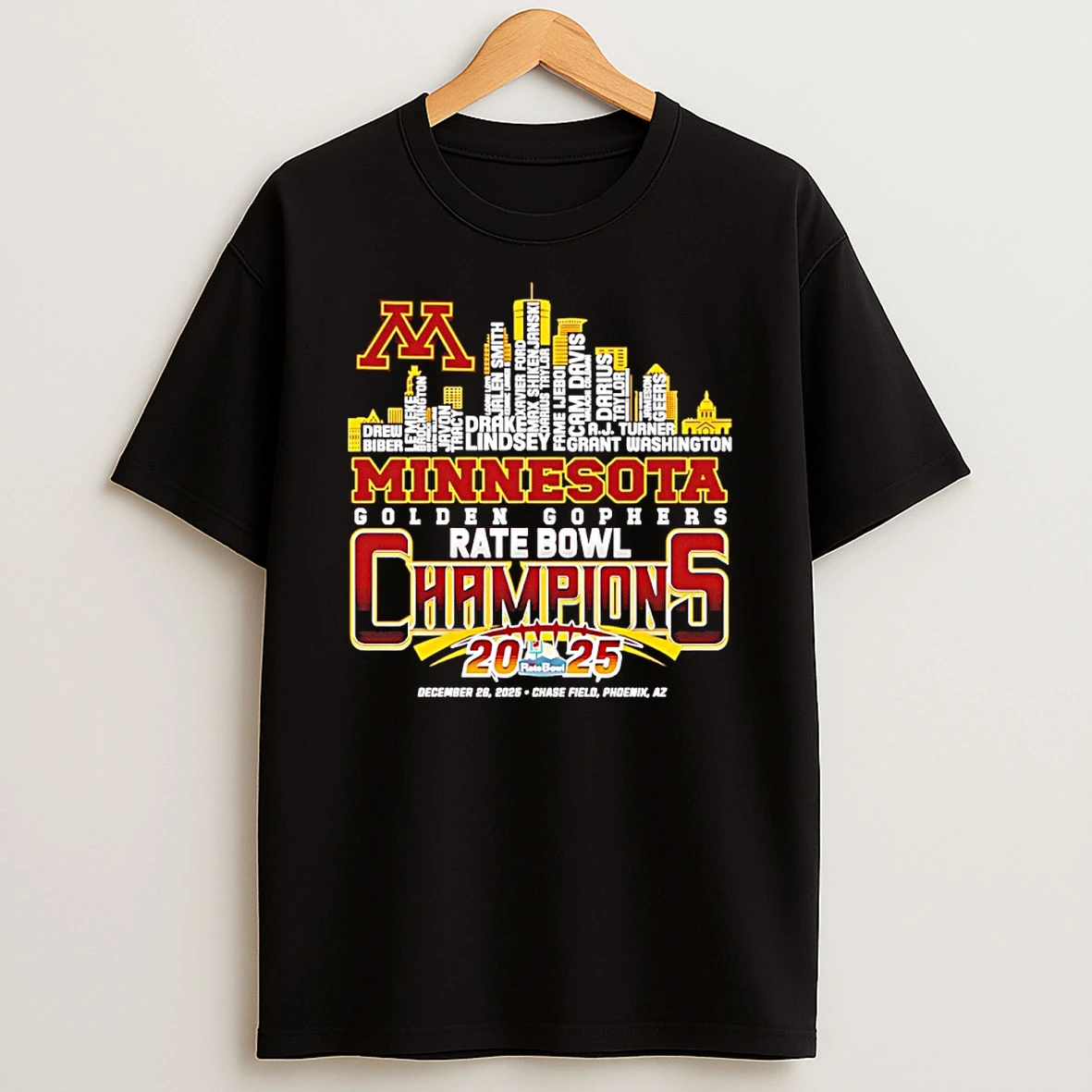 Minnesota Golden Gophers 2025 Rate Bowl Champions City Skyline Shirts