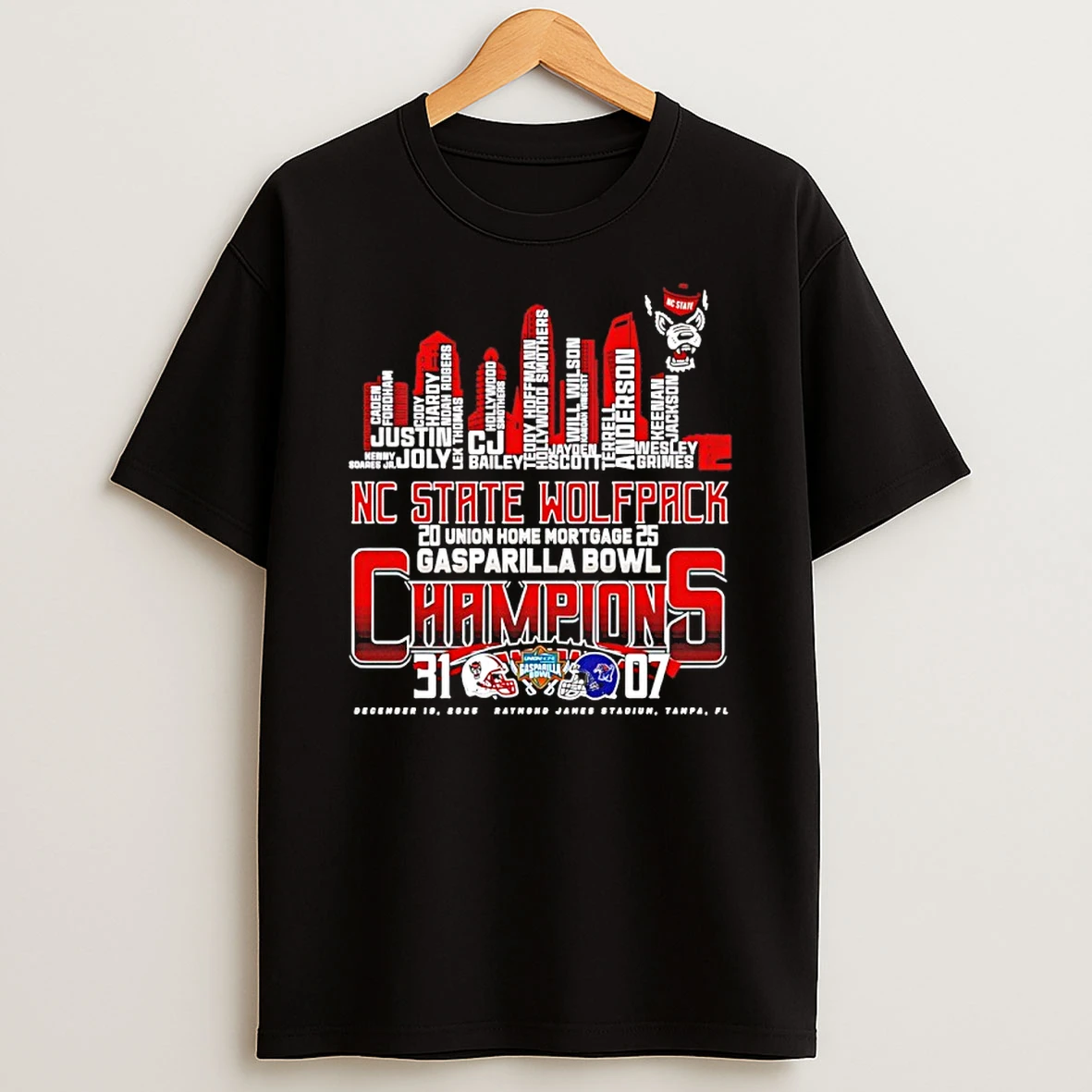 Nc State Wolfpack 2025 Union Home Mortgage Gasparilla Bowl Champions City Skyline Shirts