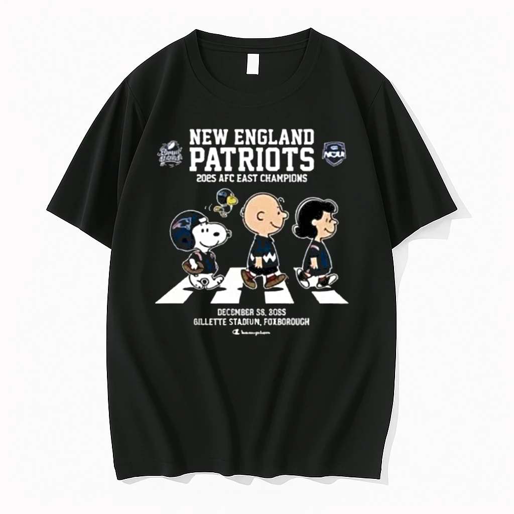 New England Patriots 2025 Afc East Champions December 28 2025 Snoopy And Peanuts Family Abbey Road Shirts
