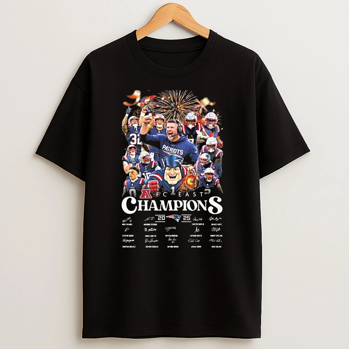 New England Patriots Afc East Champions 2025 Players Signatures Fireworks Shirts