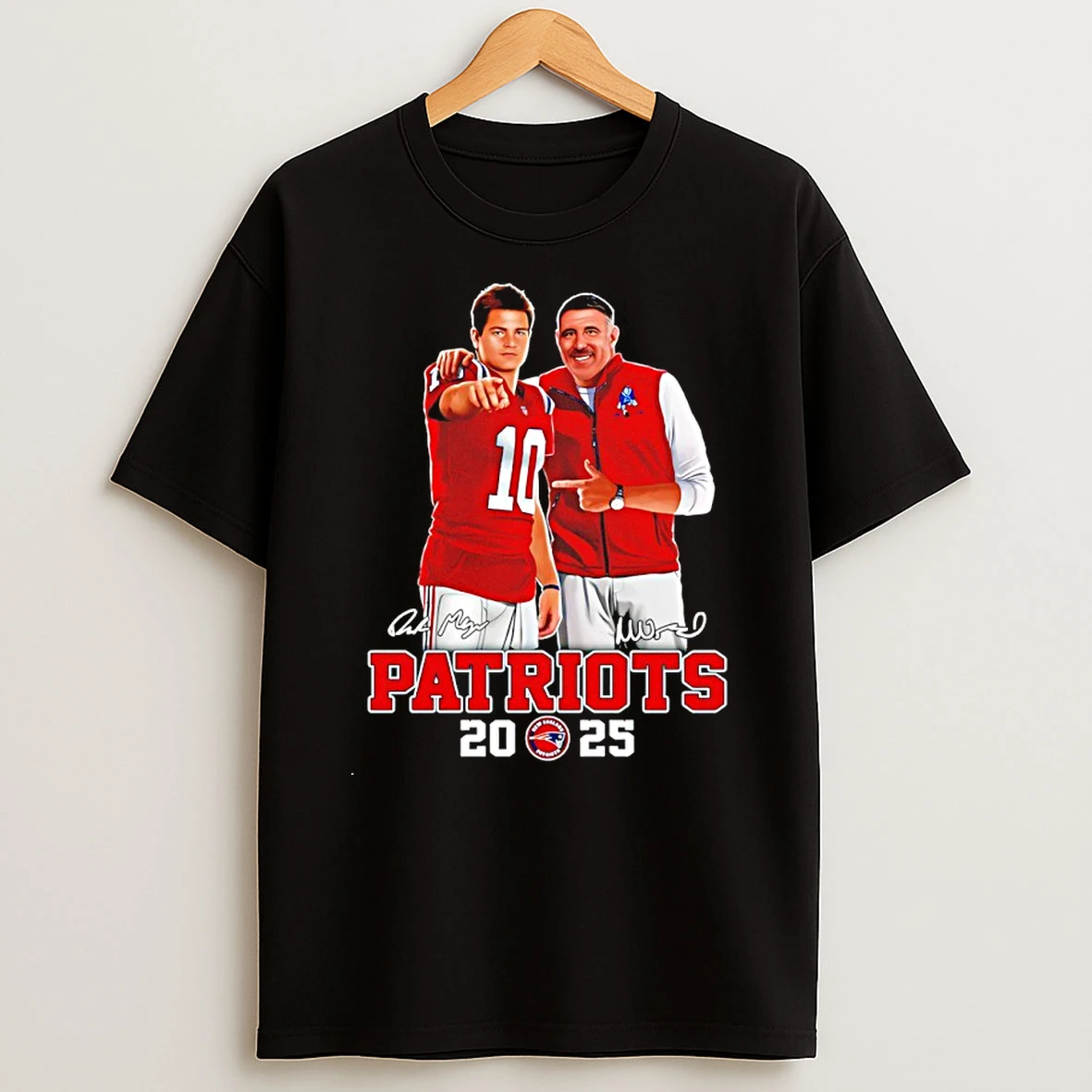 New England Patriots Drake Maye And Mike Vrabel 2025 Signature Shirts