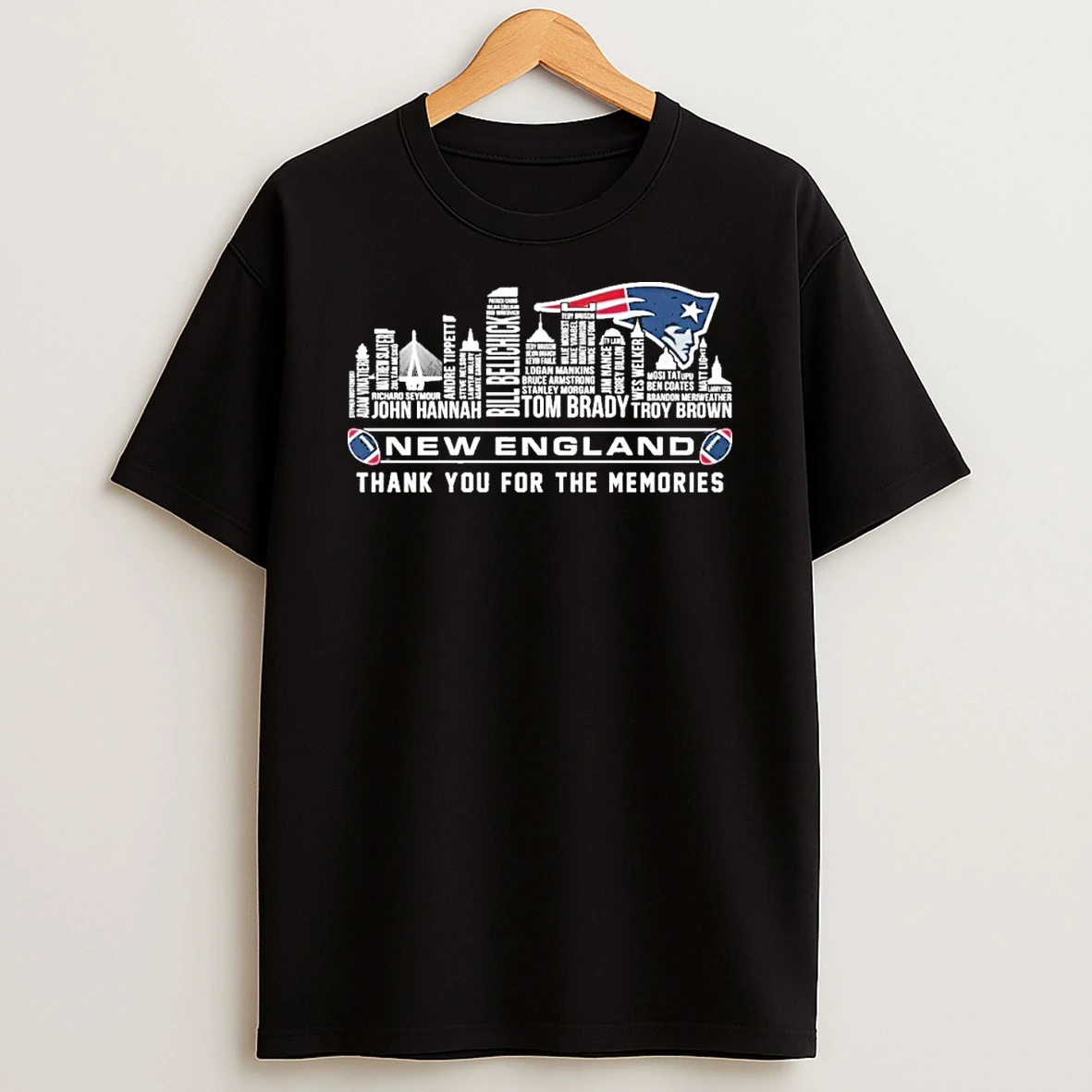 New England Skyline X New England Patriots Typo Team Name Shirts