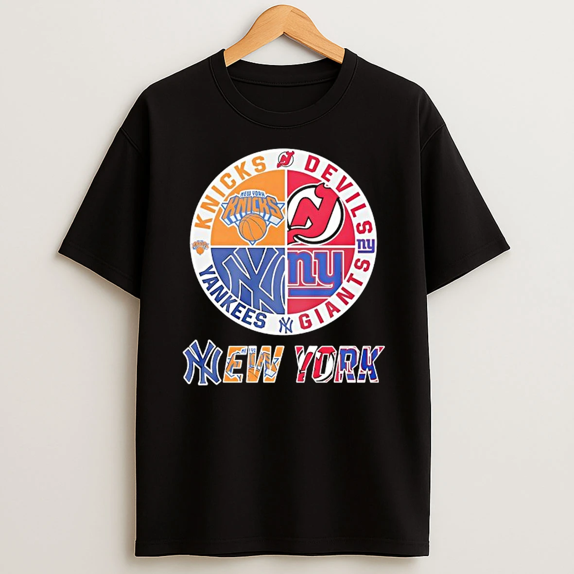 New York Knicks New York Yankees New York Giants And New Jersey Devils Mashup Logo Shirts