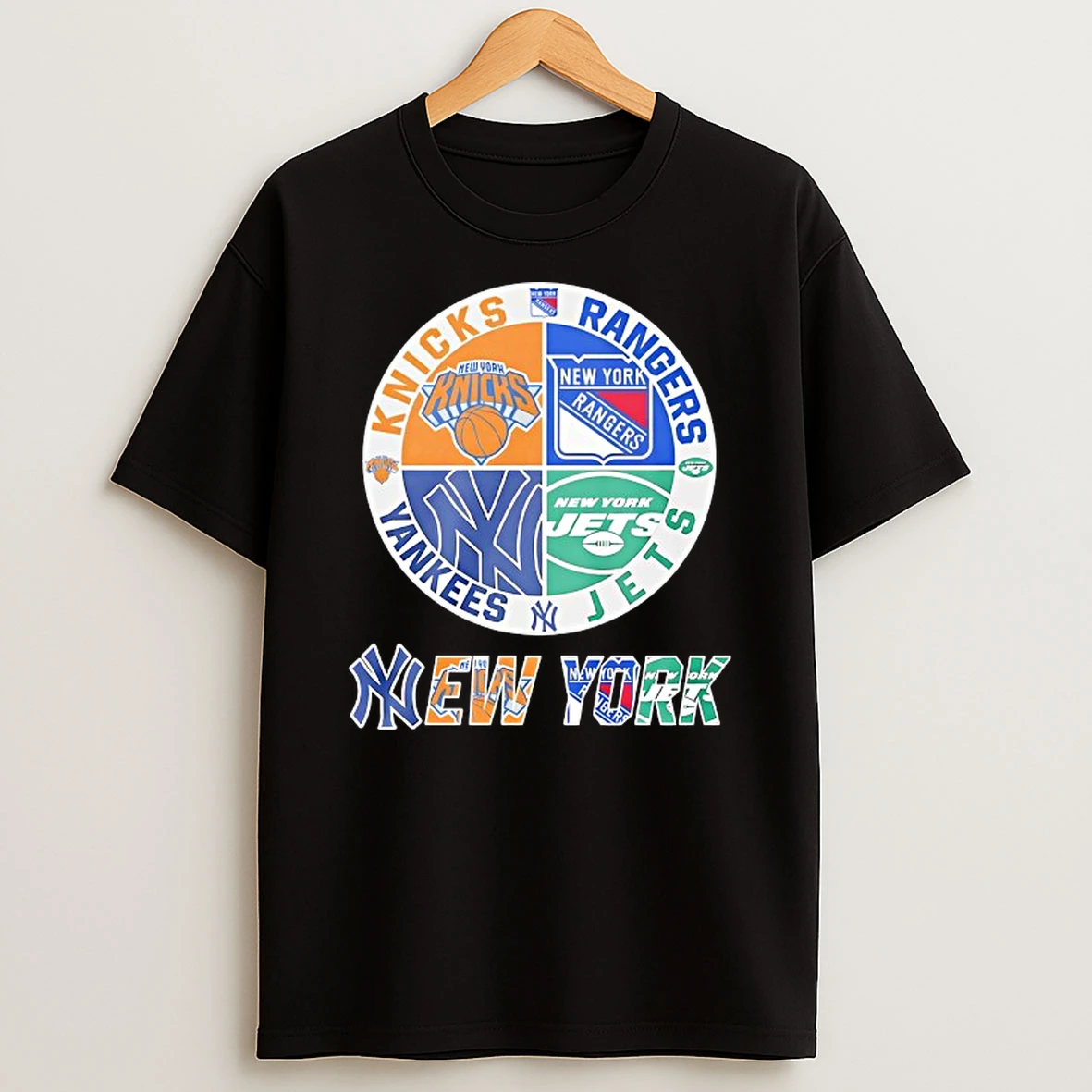 New York Yankees New York Rangers New York Jets New York Knicks Mashup Logo Shirts