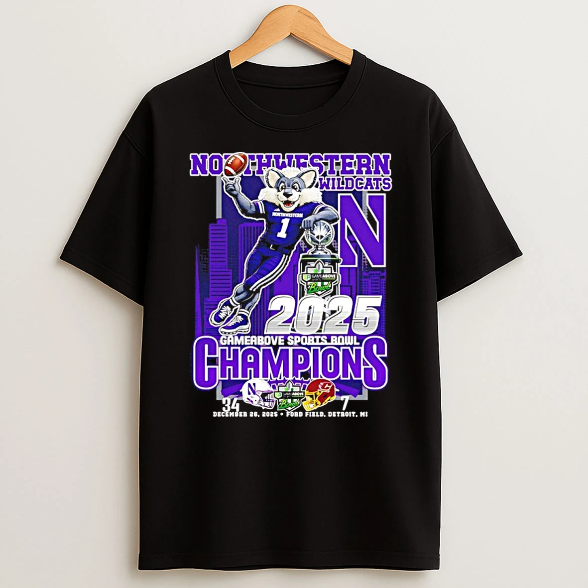 Northwestern Wildcats 2025 Gameabove Sports Bowl Champions Mascot Skyline Shirts