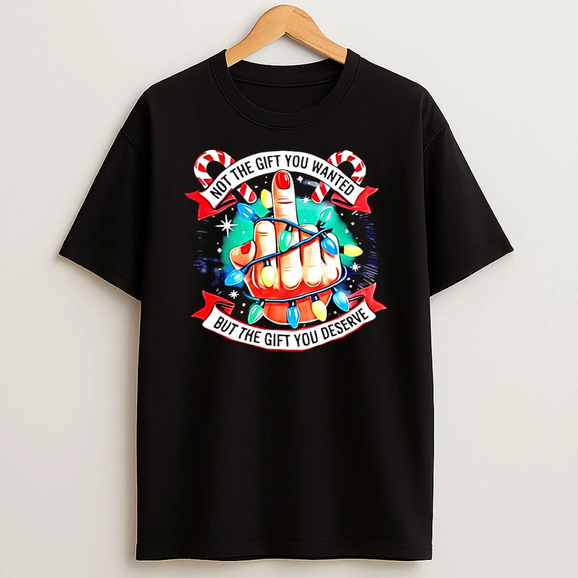 Not The Gift You Wanted But The Gift You Deserve Middle Finger In Christmas Lights Shirts