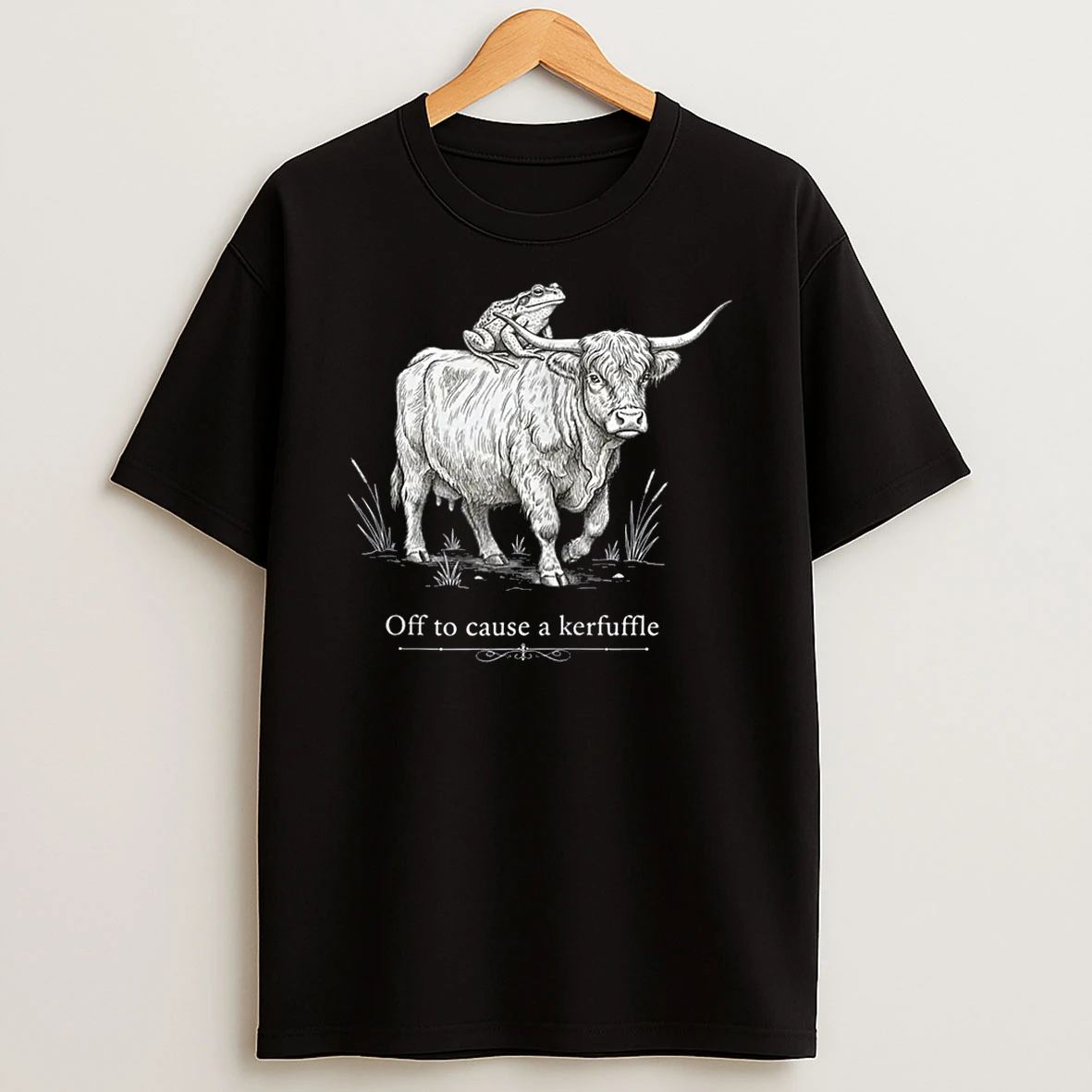 Off To Cause A Kerfuffle Funny Highland Cow Frog Art Zip Shirts