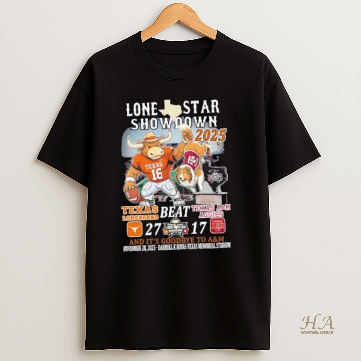 Official 2025 Lone Star Showdown Texas Longhorns Beat Texas Am Aggies Darrell K Royal Texas Memorial Stadium T Shirt