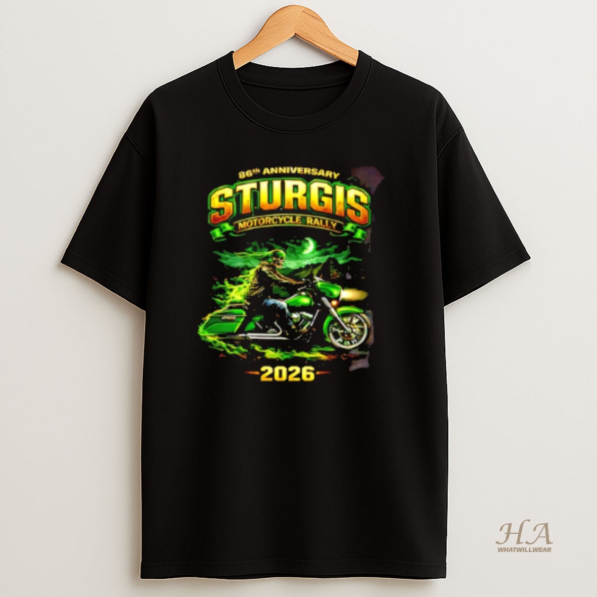 Official 86th Anniversary 2026 Sturgis Motorcycle Rally Green Skeleton Rider T Shirt