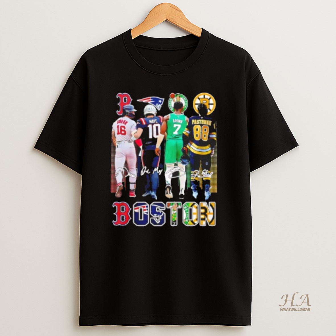 Official Boston Celtics Brown Bruins Pastrnak Patriots Maye Red Sox Duran City Skyline T Shirt