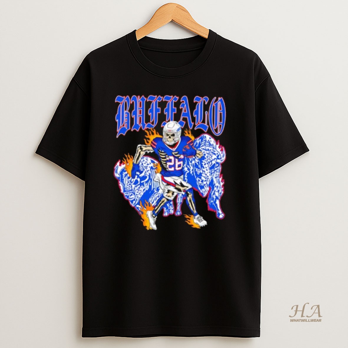 Official Buffalo Gothic Text Skeleton Football Player 26 Running Between Blue Bison On Fire Shirt