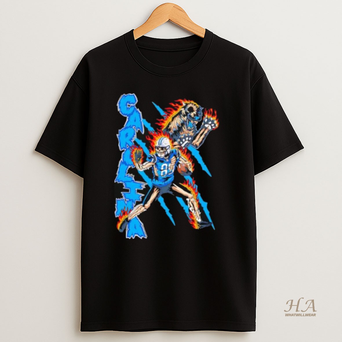 Official Carolina Panthers Skeleton Player 88 On Fire With Skeleton Growling Panther Graphic Shirt