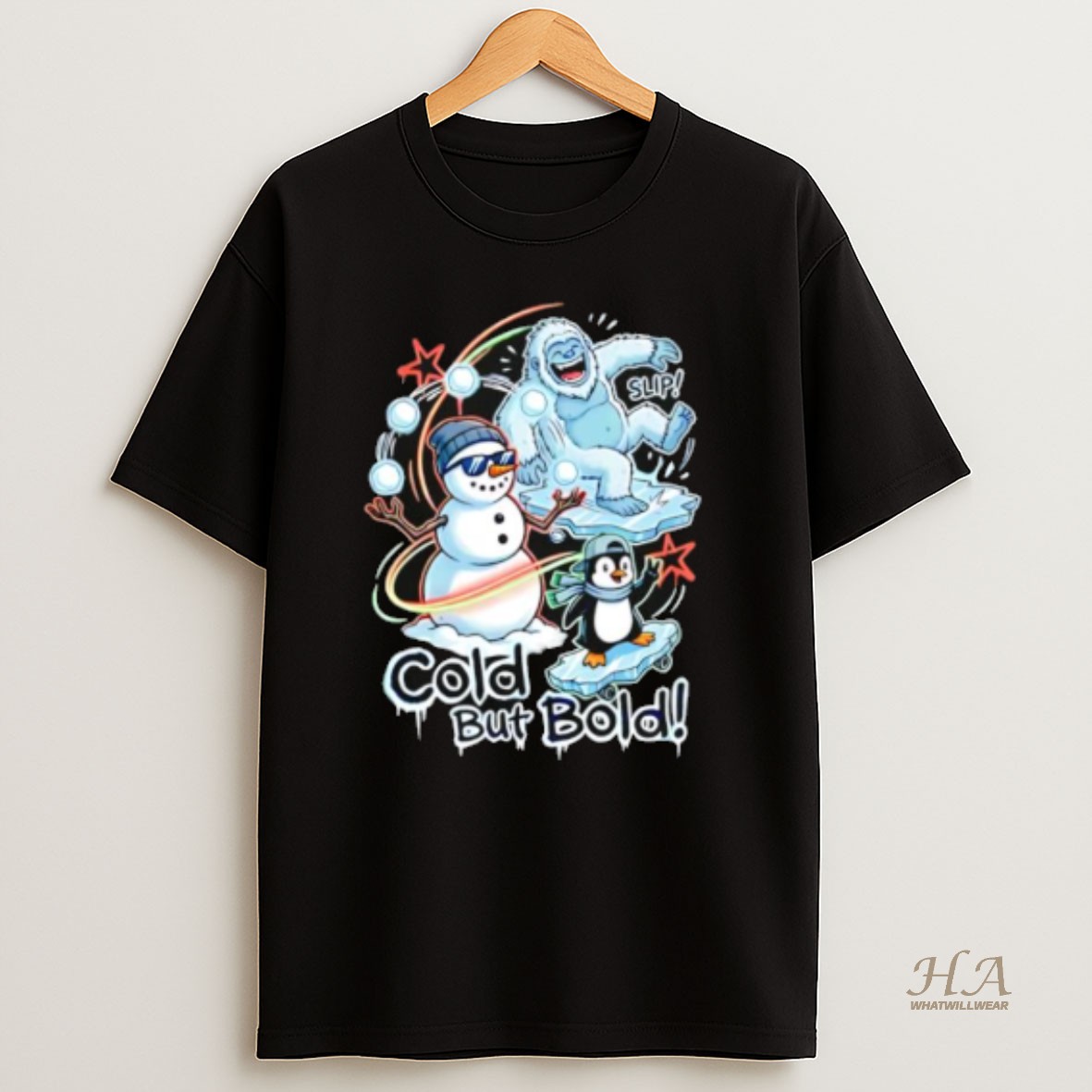 Official Cold But Bold Funny Snowman Yeti And Penguin Urban Christmas T Shirt