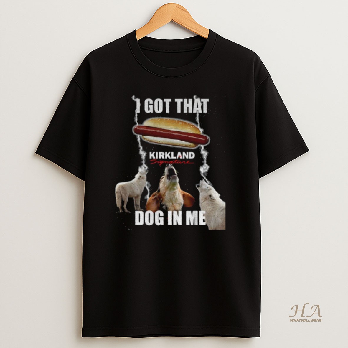 Official Costco Kirkland Hot Dog I Got That Dog In Me Three Wolf Moon Parody Graphic Shirt