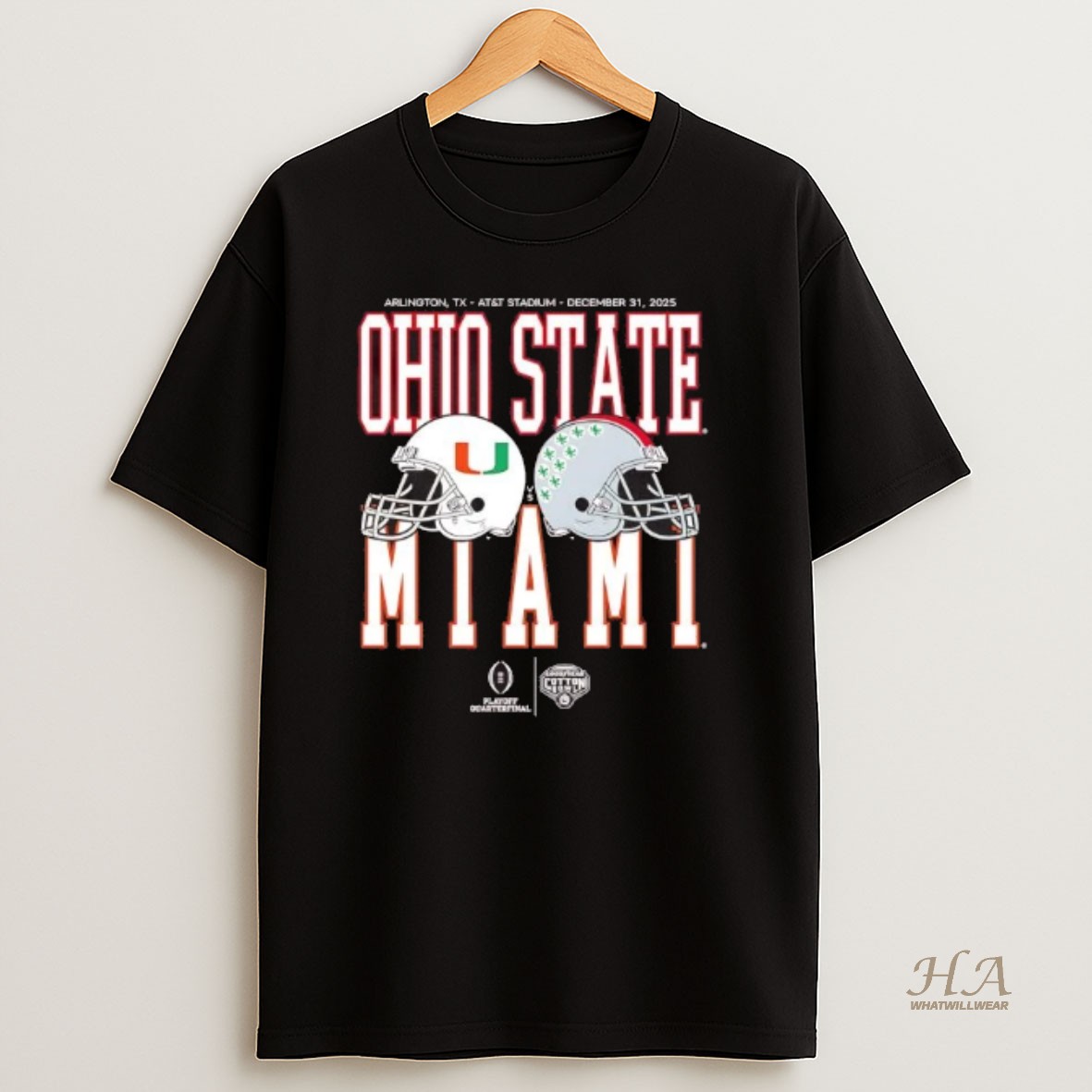 Official Cotton Bowl Classic 2025 Miami Hurricanes Vs Ohio State Buckeyes Helmet Matchup T Shirt