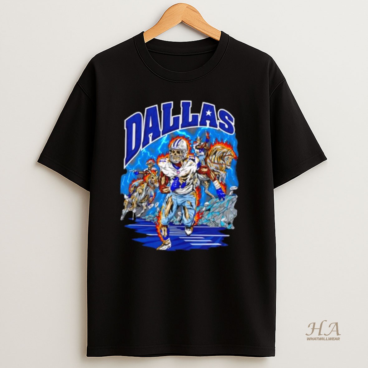Official Dallas Cowboys Skeleton Player 1 Running With Cowboys On Fire Horses Under Lightning Shirt