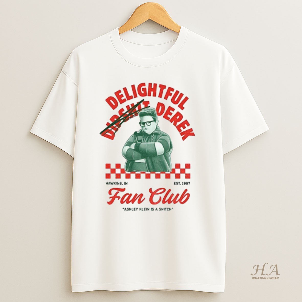 Official Delightful Dipshit Derek Stranger Things Fan Club Ashley Klein Is A Snitch Est 1987 Shirt