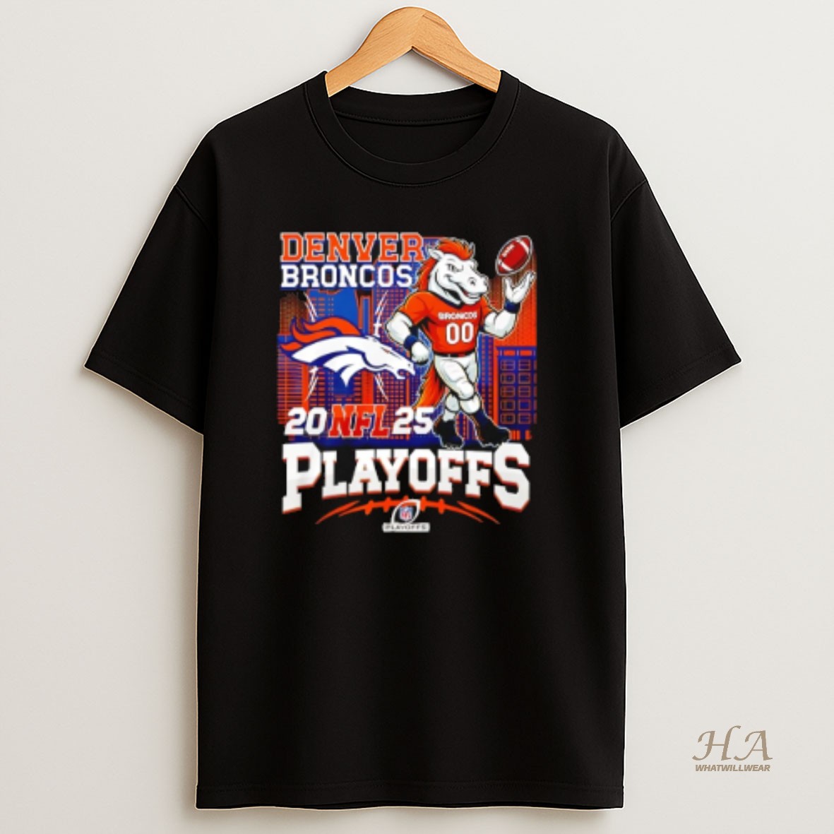 Official Denver Broncos 2025 Nfl Playoffs Mascot City Skyline T Shirt