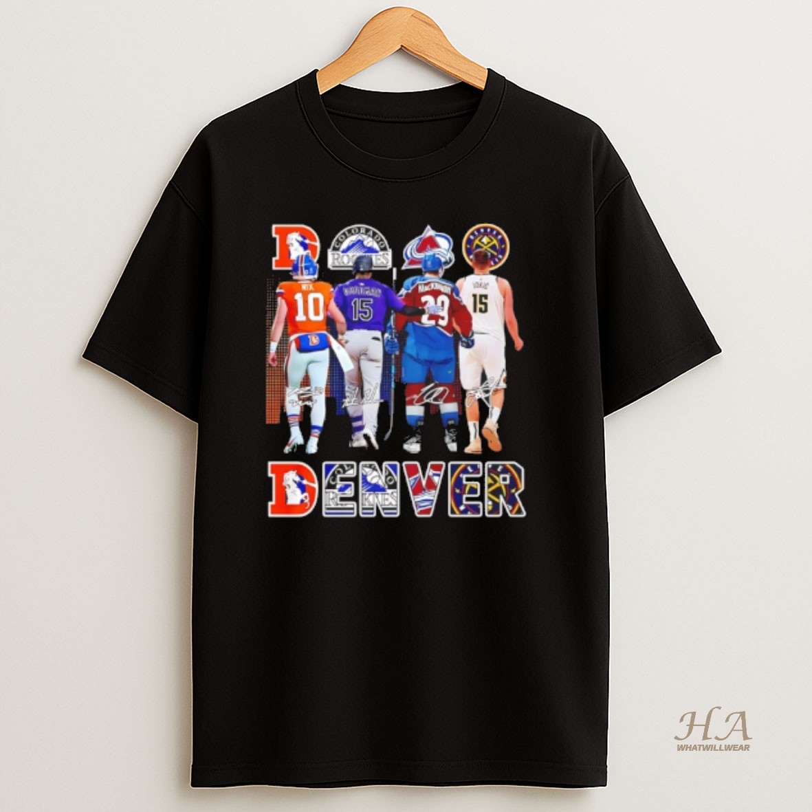 Official Denver Broncos Bo Nix Rockies Goodman Avalanche Mackinnon Nuggets Jokic City Skyline T Shirt