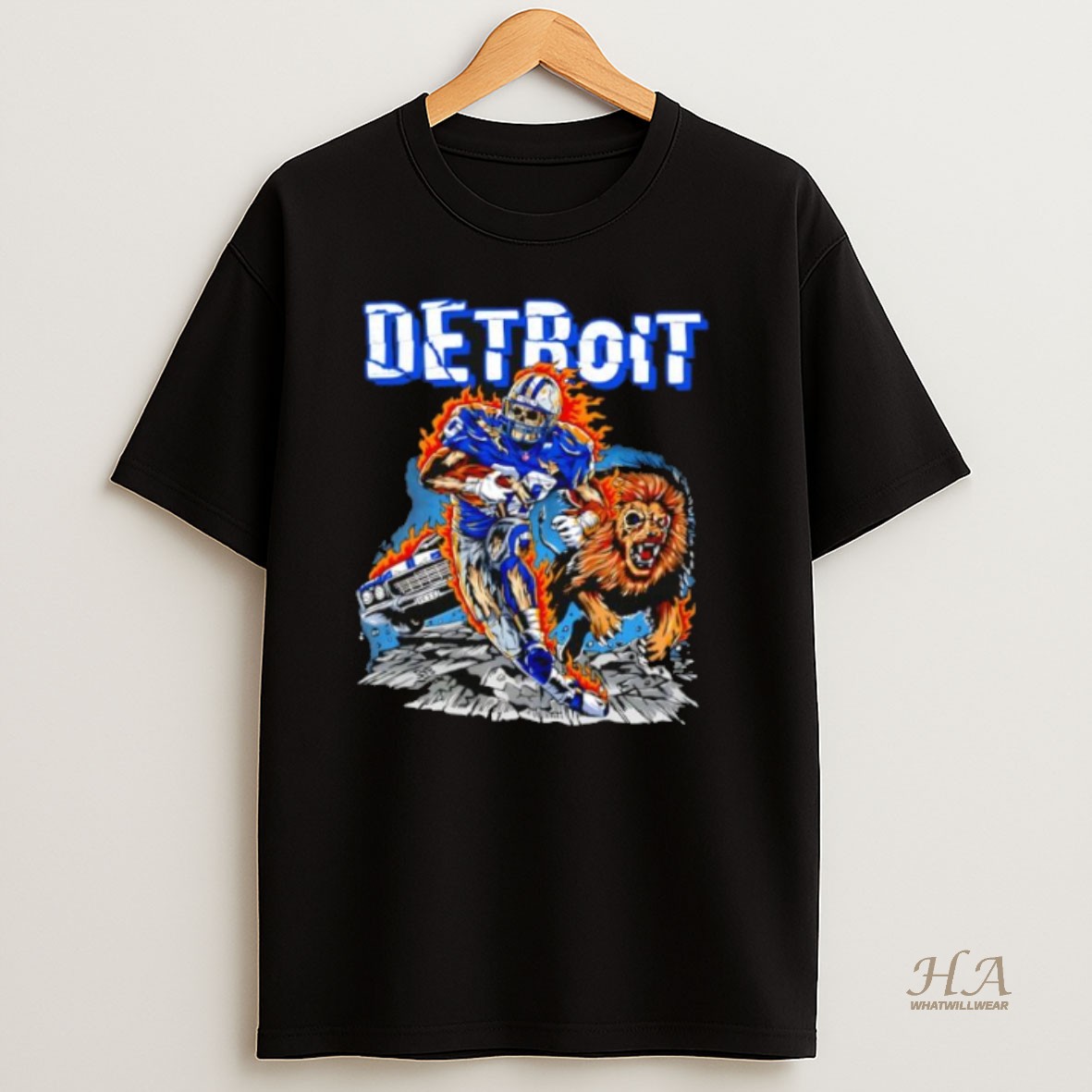 Official Detroit Lions Skeleton Player 4 Running On Fire With Growling Lion Muscle Car Shirt
