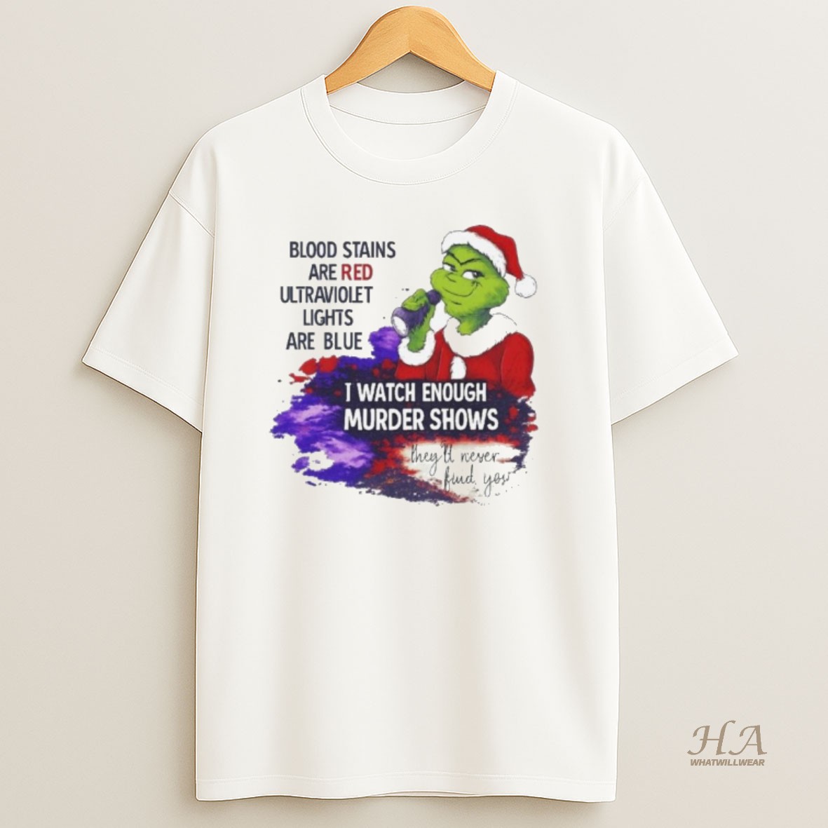 Official Grinch Blood Stains Are Red Ultraviolet Light Are Blue I Watch Enough Murder Shows T Shirt