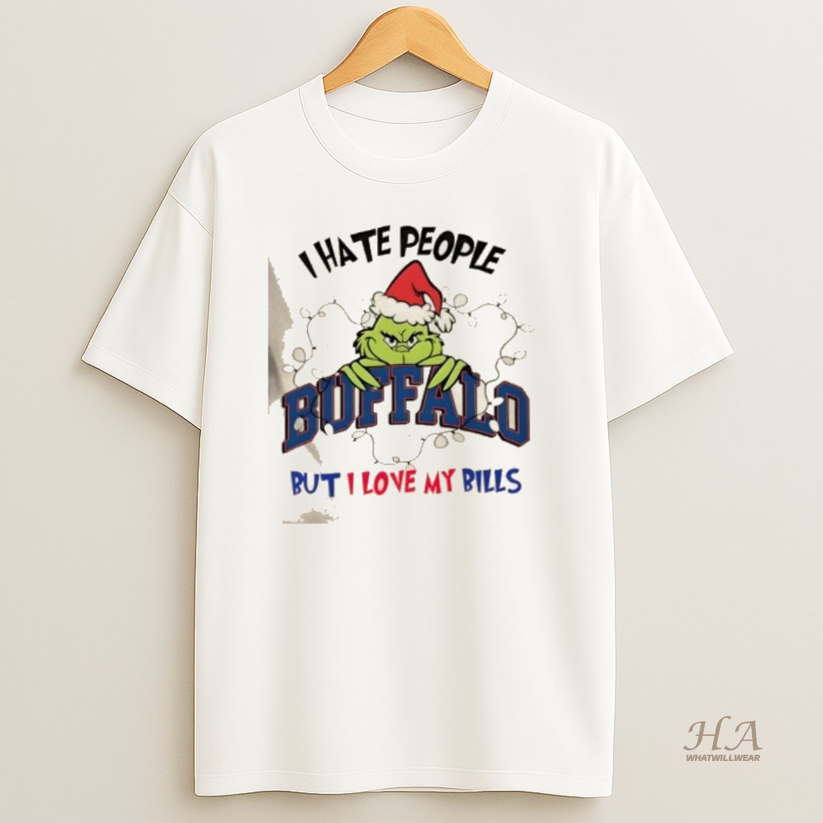 Official Grinch I Hate People But I Love My Buffalo Bills Christmas Lights T Shirt