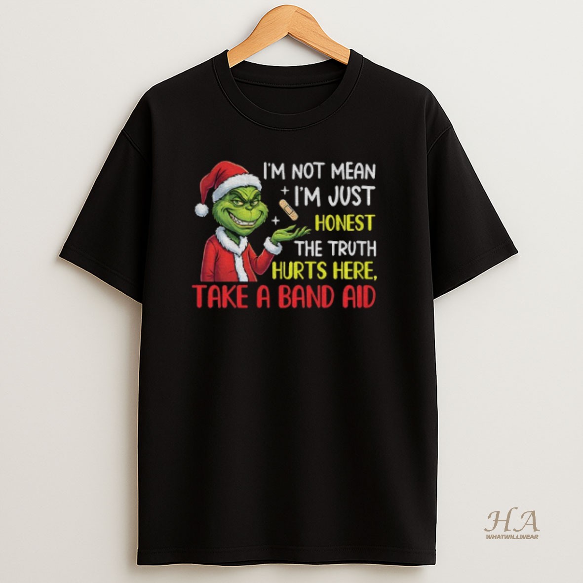 Official Grinch Santa Im Not Mean Im Just Honest The Truth Hurts Here Take A Band Aid Christmas T Shirt