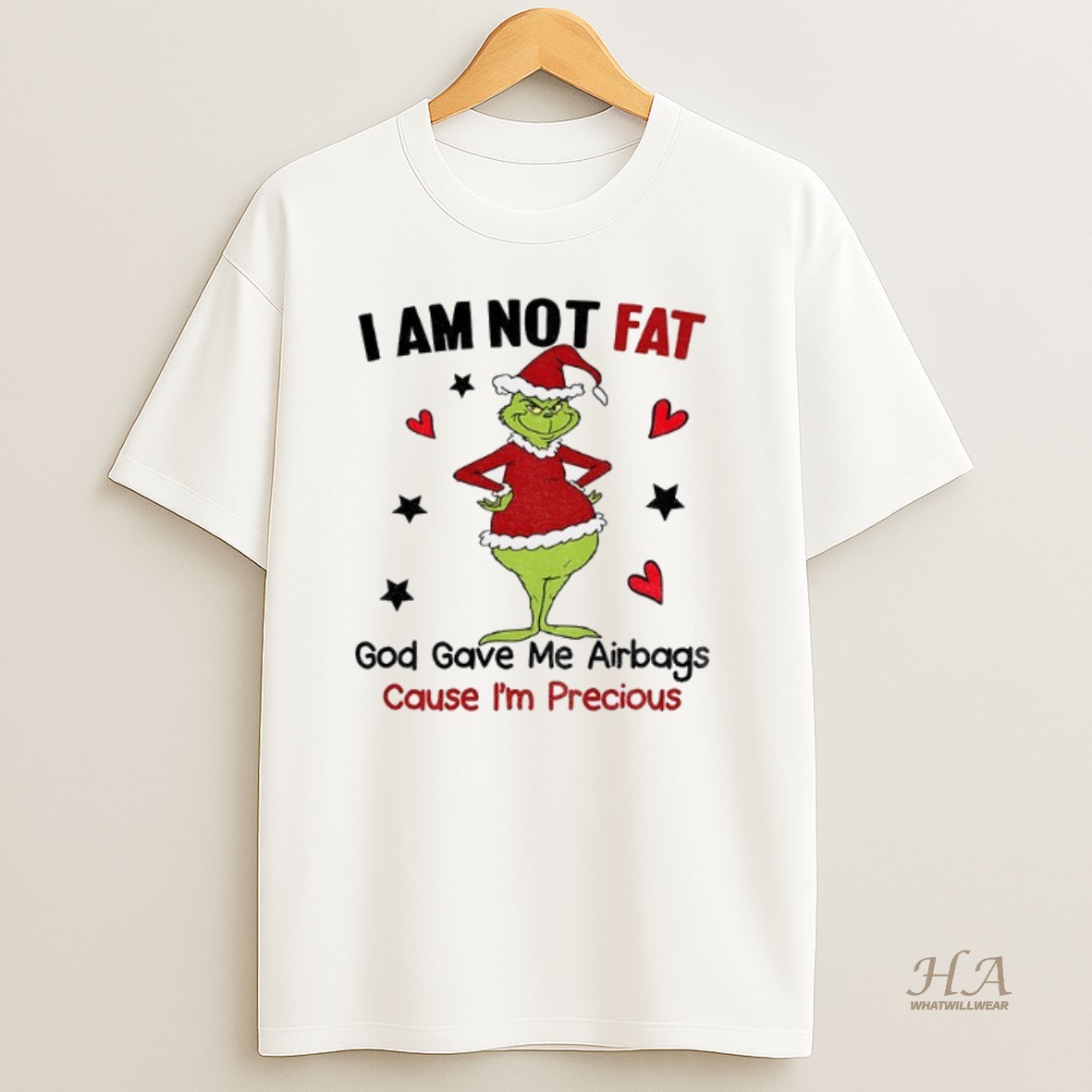 Official Grinch Santa Hat Im Not Fat God Gave Me Airbags Cause Im Precious Merry Christmas Shirt