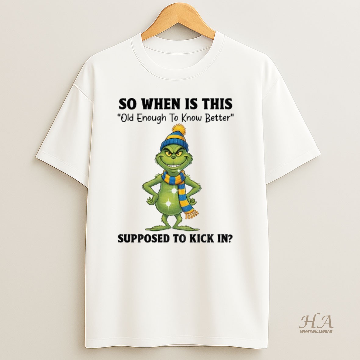 Official Grinch Santa So When Is This Old Enough To Know Better Supposed To Kick In Christmas Shirt