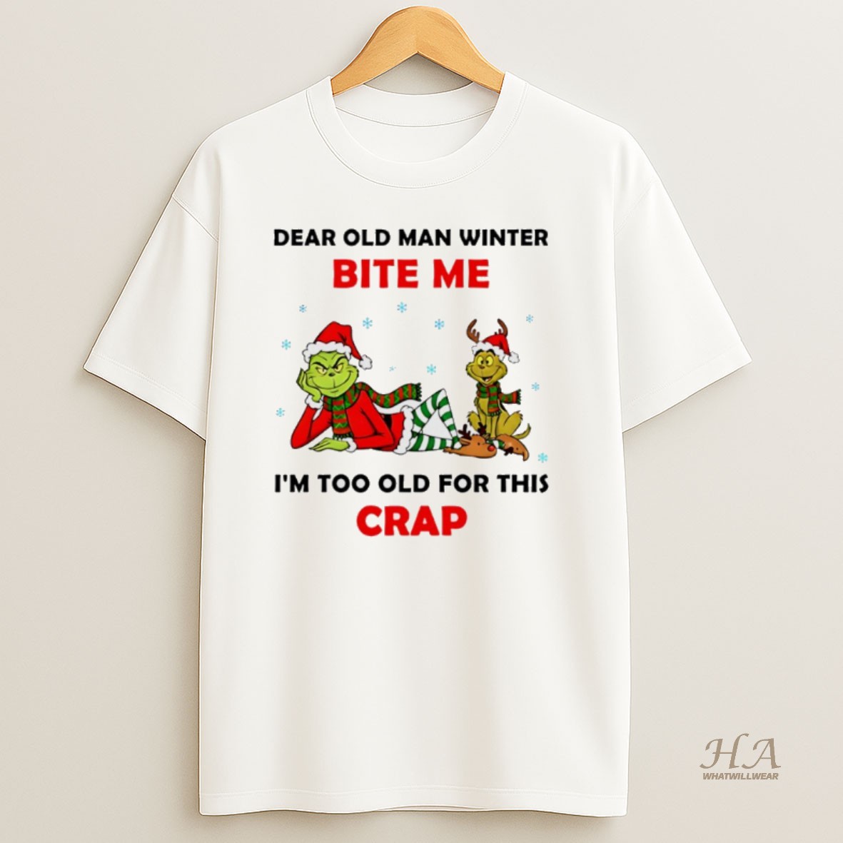 Official Grinch And Max Dear Old Man Winter Bite Me Im Too Old For This Crap Christmas Shirt