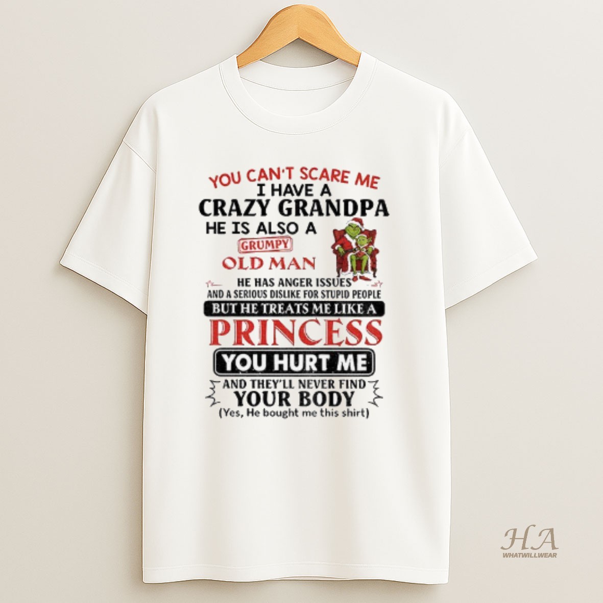 Official Grinch Couple Santa You Cant Scare Me I Have A Crazy Grandpa He Is Also A Grumpy Old Man Merry Christmas T Shirt