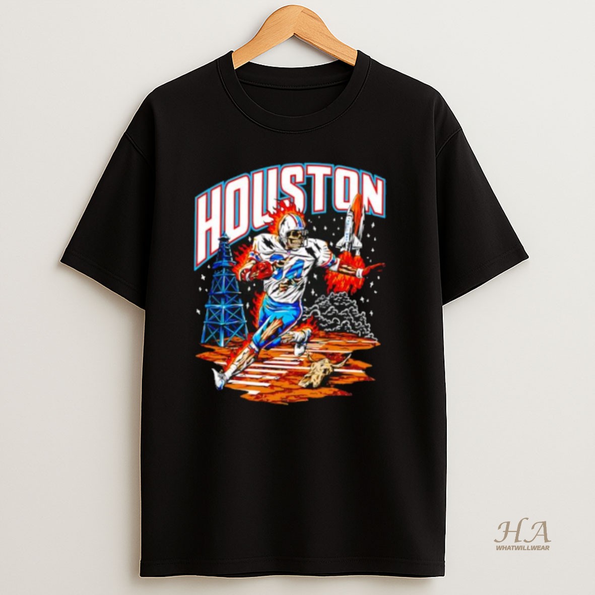 Official Houston Oil Derricks Space Shuttle Skeleton Football Player 34 Running On Fire Shirt