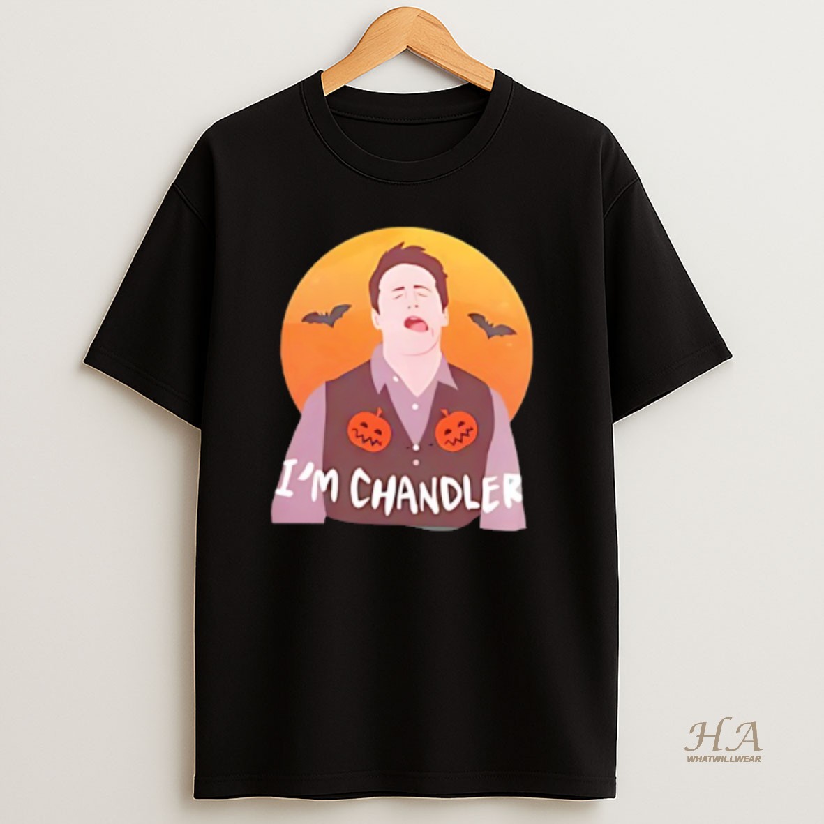 Official Im Chandler Bat And Pumpkin Behind Sunset Happy Halloween T Shirt