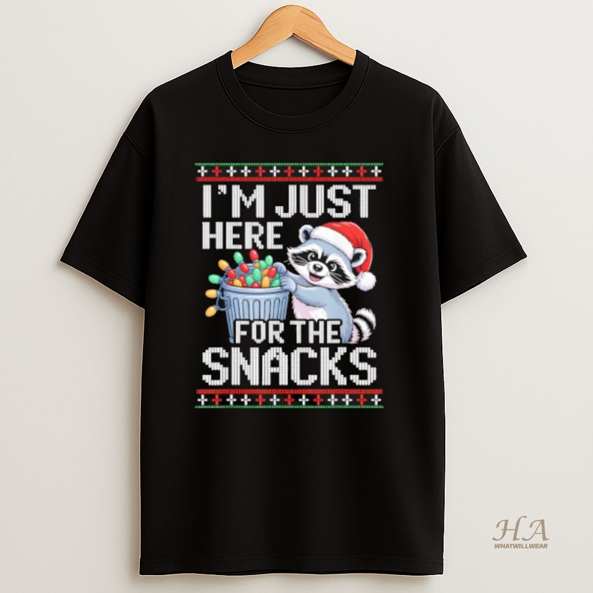 Official Im Just Here For The Snacks Raccoon Christmas Ugly T Shirt
