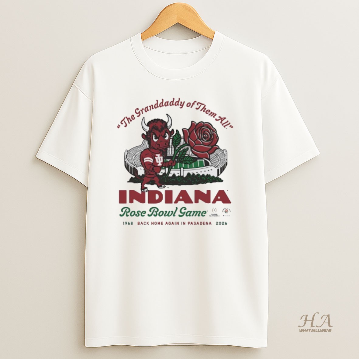 Official Indiana Hoosiers The Granddaddy Of Them All Back Home Again In Pasadena 2026 Rose Bowl Game Mascot T Shirt
