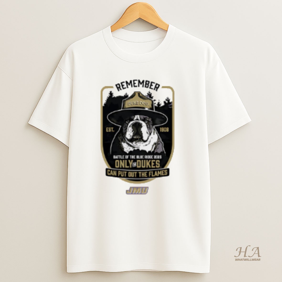 Official Jmu Dukes Smokey The Duke Dog Battle Of The Blue Ridge 2025 Only The Dukes Can Put Out The Flames T Shirt
